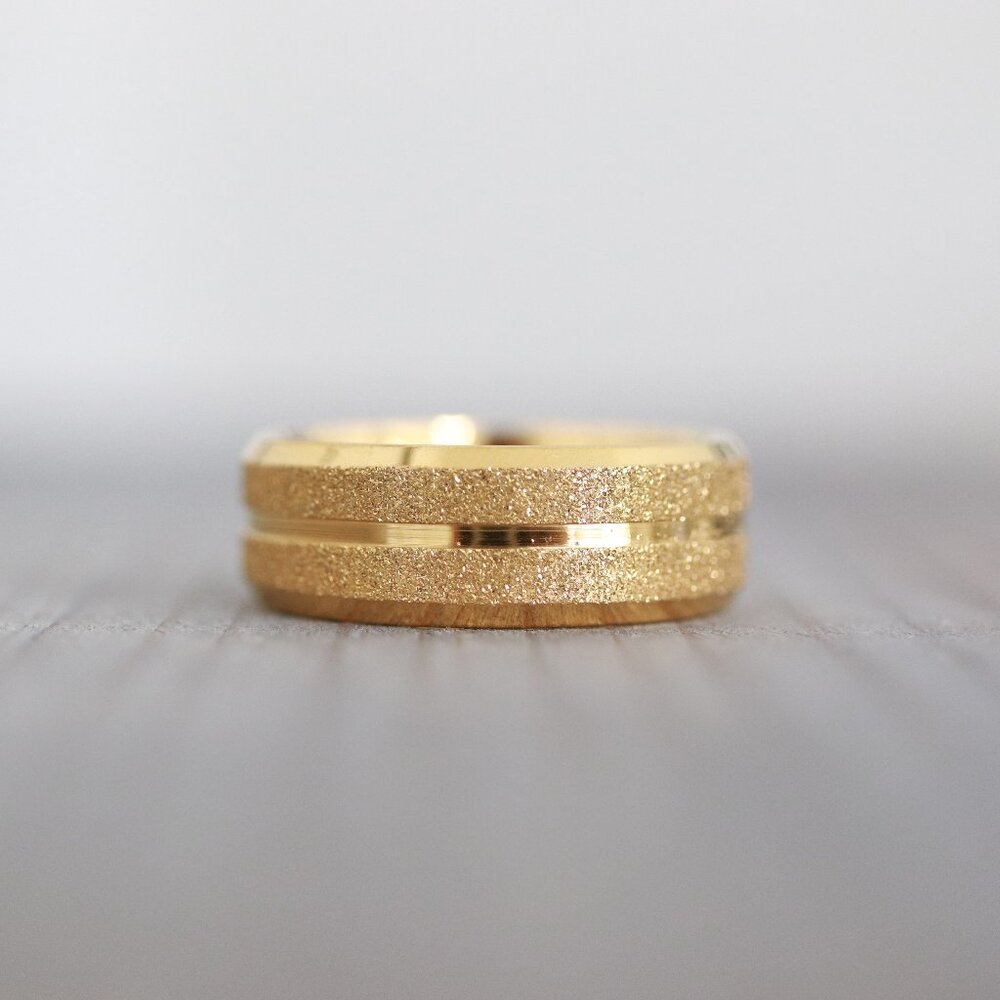 Mens Ring 8mm 2Layer Glittered Style Gold Square Edge Ring Gold Plated Stainless